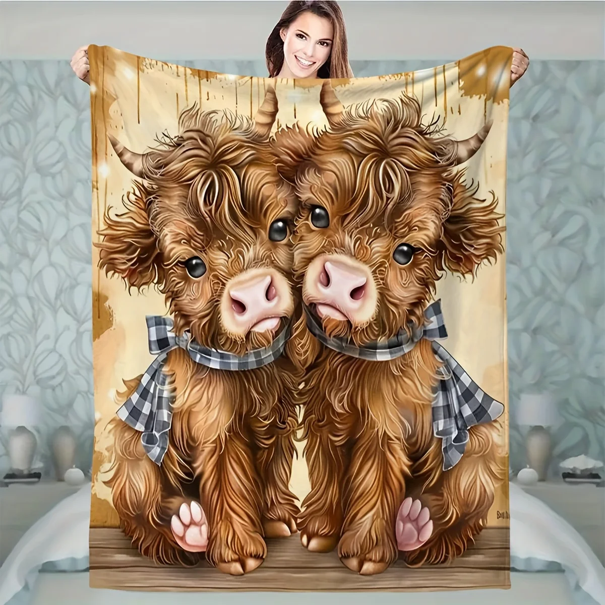 Cuddly Highland Cattle: A Cozy, Adorable Blanket with Twin Cow Design and Plaid Scarves, Perfect for Snuggling