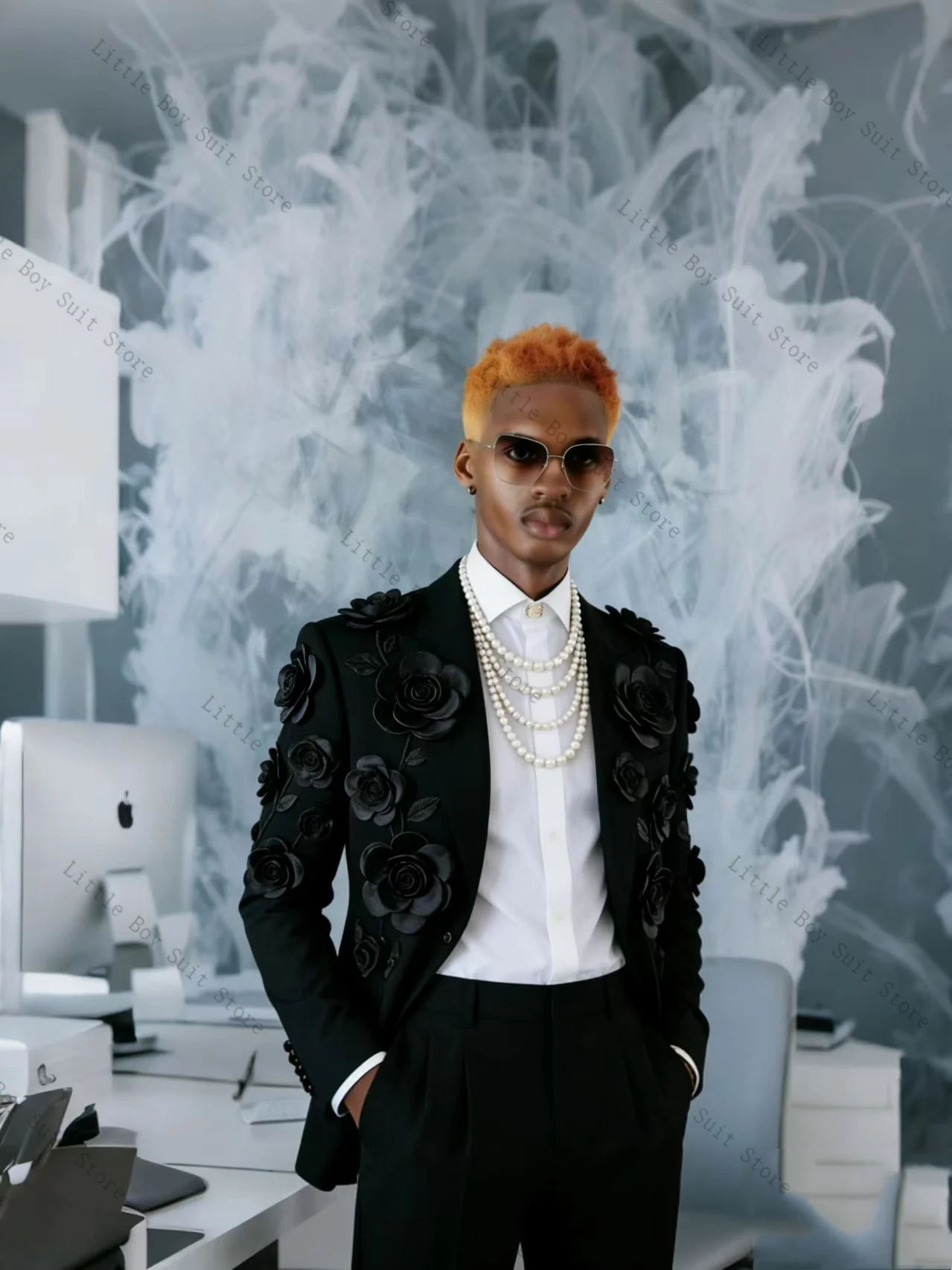 

Men Suit Set 2 Pieces Jacket Blazer+Cotton Pants Trousers 3D Flower Luxury Wedding Tuxedo Formal Office Party Coat Customized