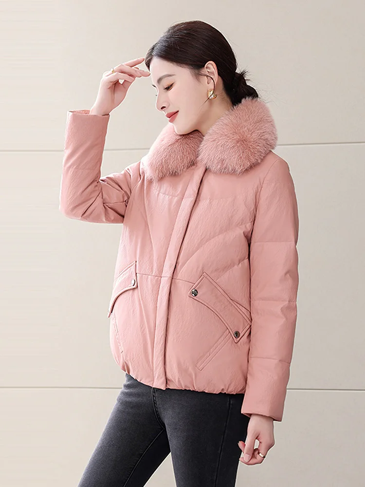 New Women Winter Casual Leather Down Jacket Fashion Warm Real Fox Fur Collar Loose Sheepskin Leather Down Coat Split Leather