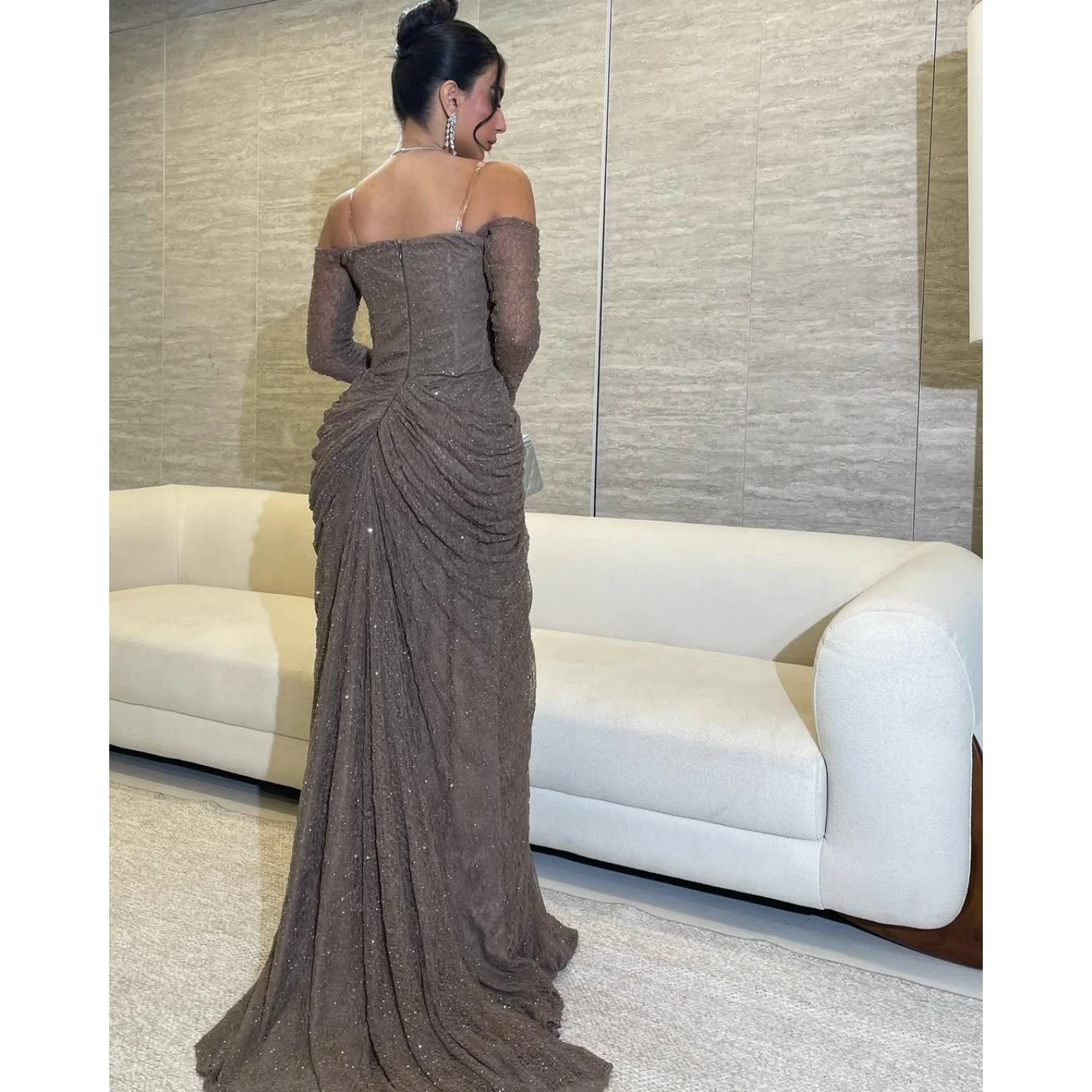 Vintage Sequins Evening Dresses Off Shoulder Floor Length Long Sleeves Prom Dresses Saudi Arabia Wedding Party Dress Customized image 3