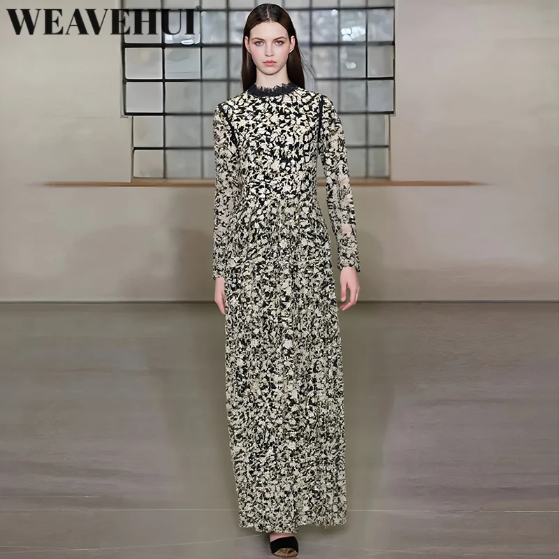 WEAVEHUI Position Flowers Embroidery Mesh Maxi Dress for Women O-Neck Long Sleeves Elegant Party Dresses Autumn Females