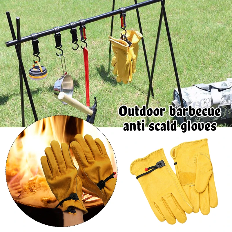 Leather Insulated Gloves Travel Outdoor Camping BBQ Flame-Retardant Heat Insulation Anti Scalding Gloves Kitchen Oven Gloves