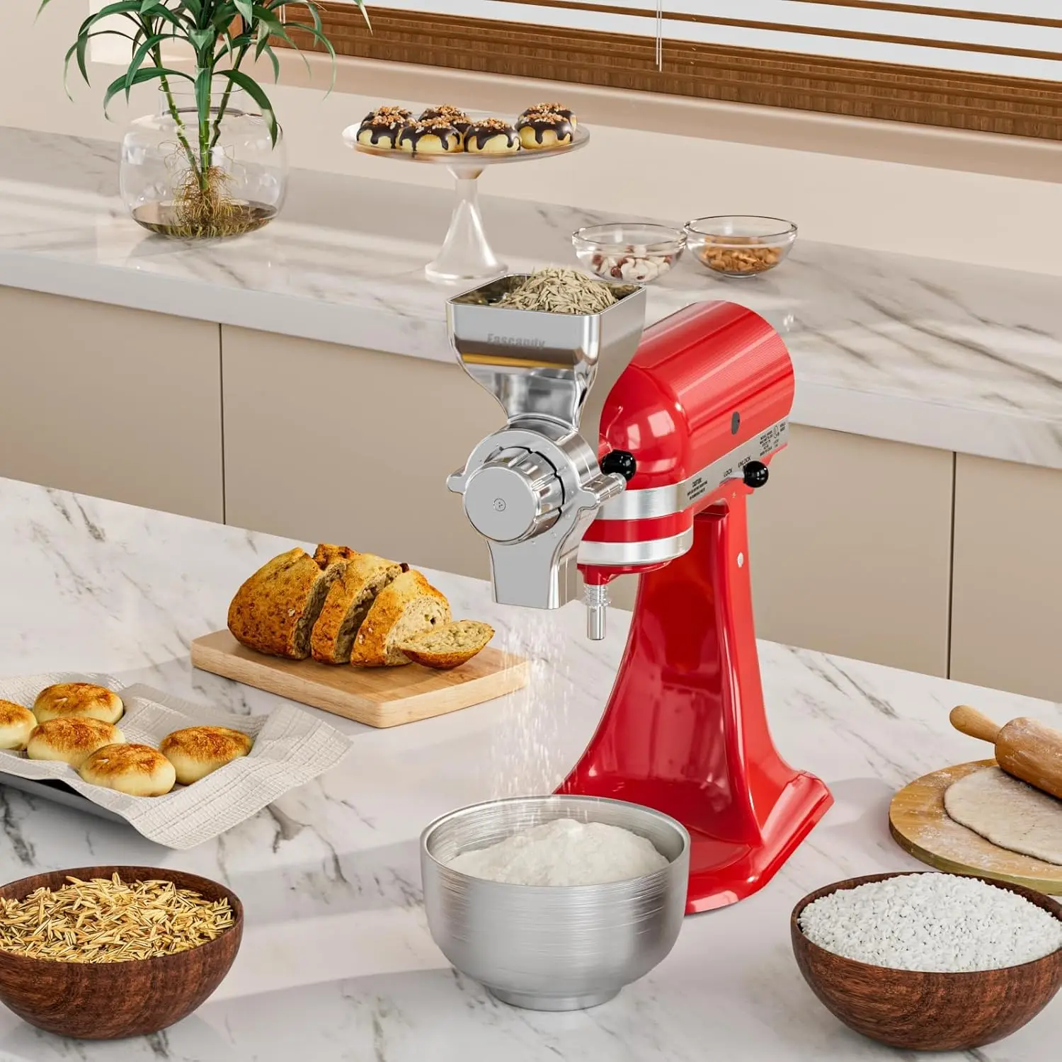 ملحق مطحنة الحبوب المعدنية بالكامل مناسب لخلاط حامل كيتشن إيد، مطحنة حبوب مطحنة دقيق قابلة للتعديل مكونة من 12 مستوىًا لخلاط كيتشن ايد، مناسبة #5