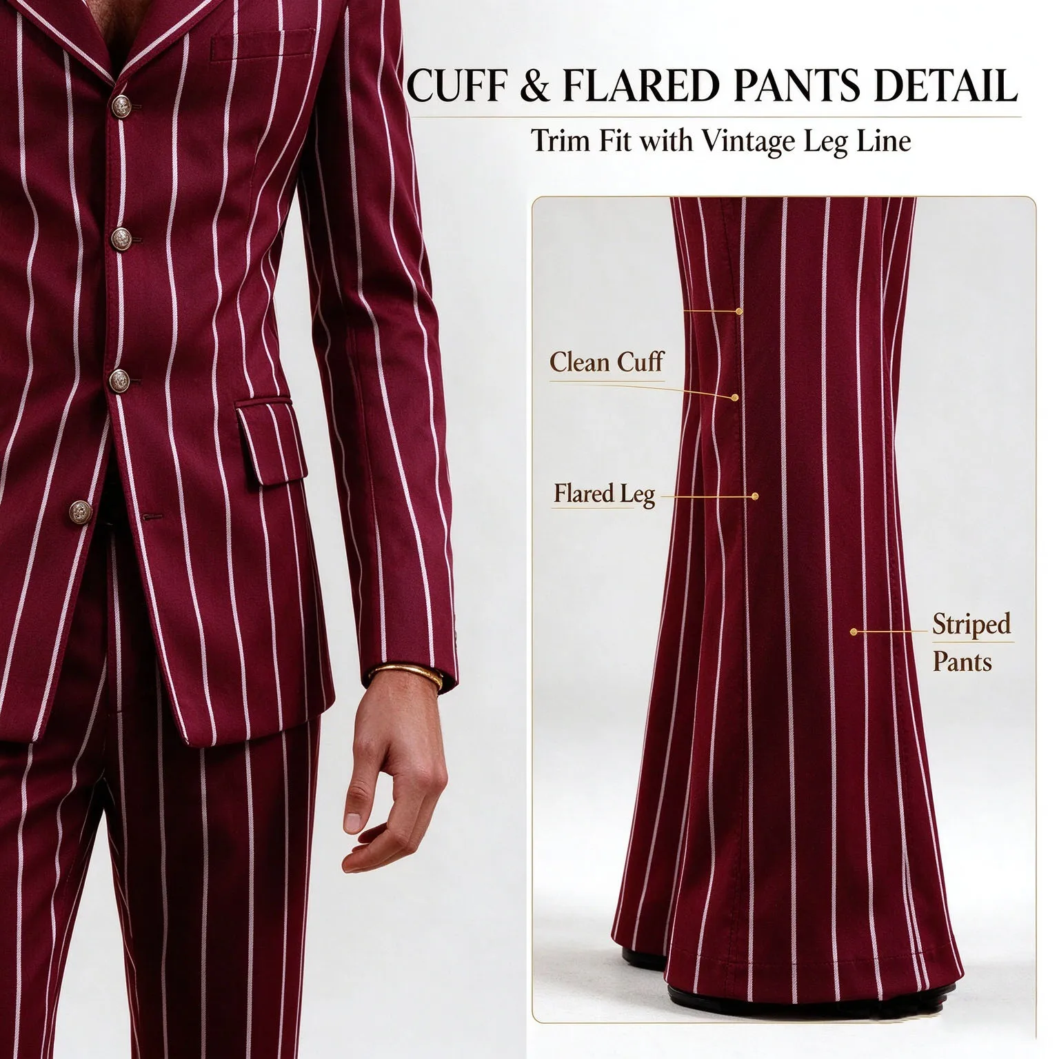 Vintage Men's Striped Suit 2 Pieces Slim Fit Notch Lapel Blazer & Flared Pants Fashion Pinstripe Blazer Trousers Formal Business image 5