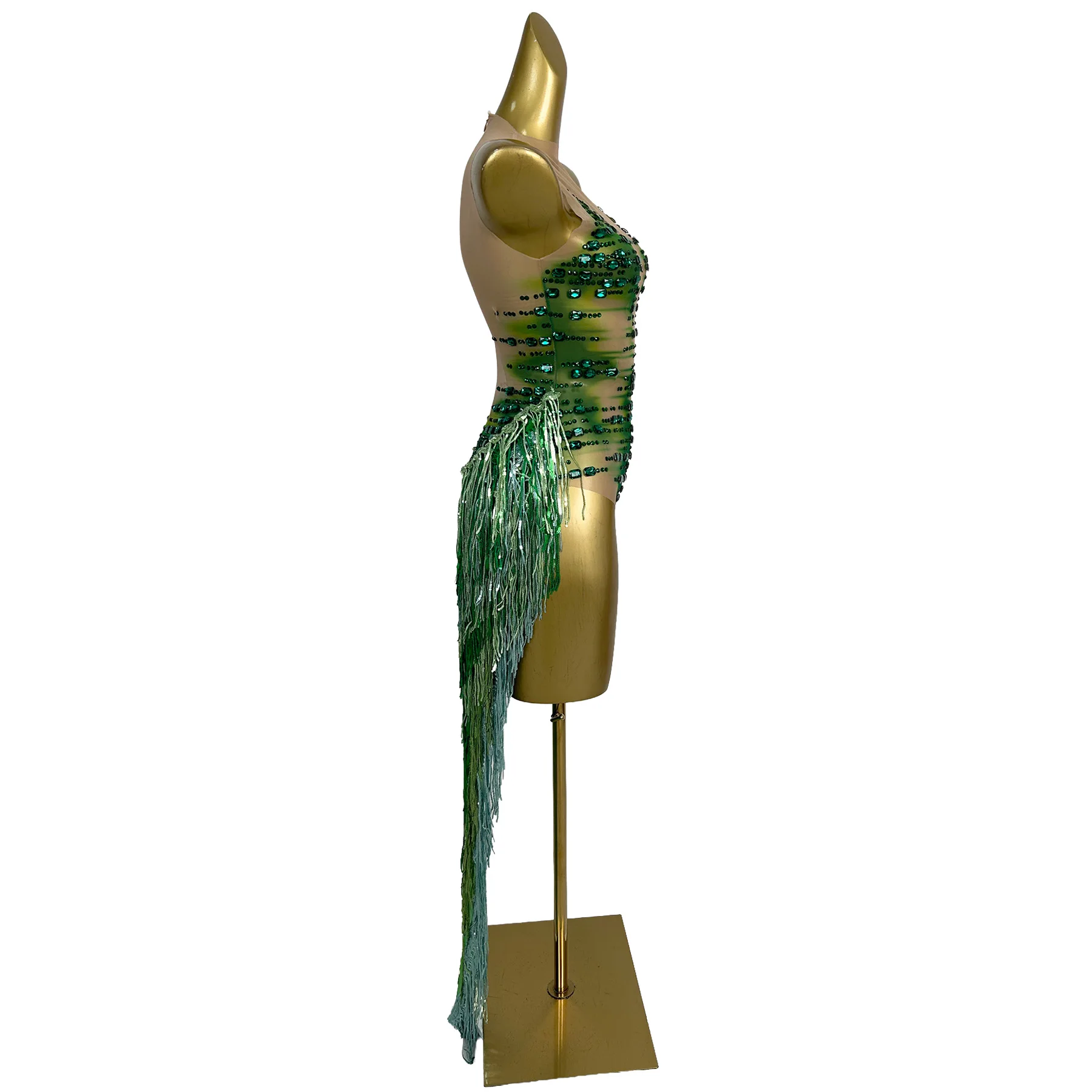 Sparkly Green Rhinestone Sheer Mesh Bodysuit Fringe Train Party Stage Costume Women Club Performance Drag Queen Outfit Zacao