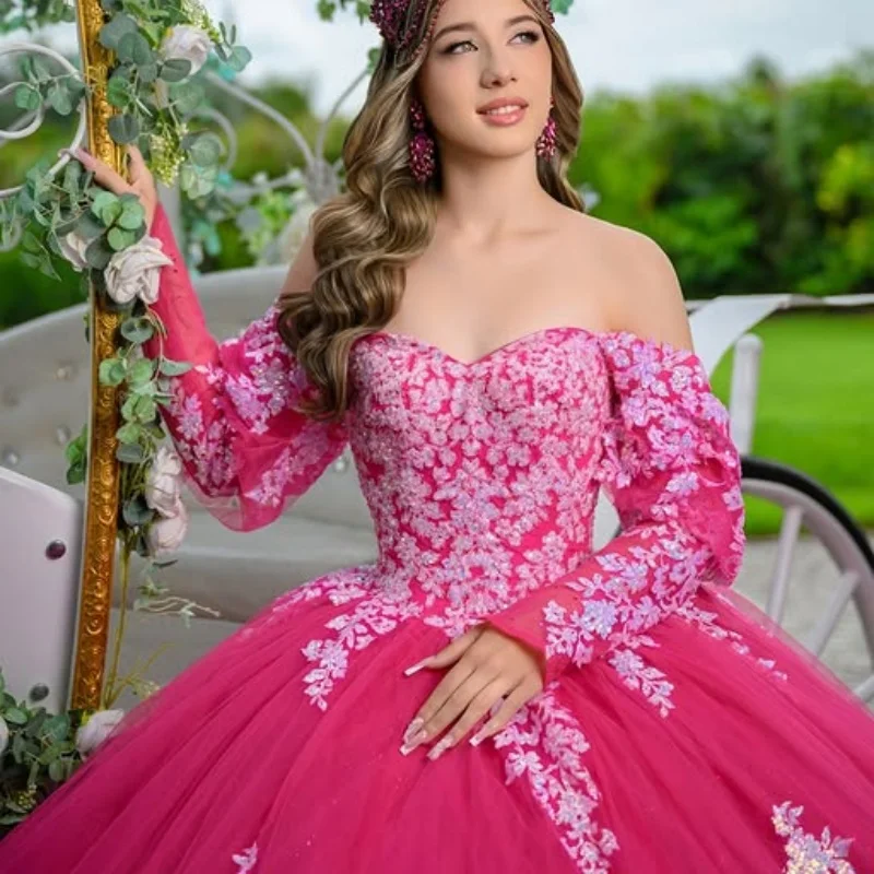 

Customized Shiny rose pink Quinceanera Dresses Off the Shoulder sequin applique Tull layering Long tail Vestido 15 Quinceanera