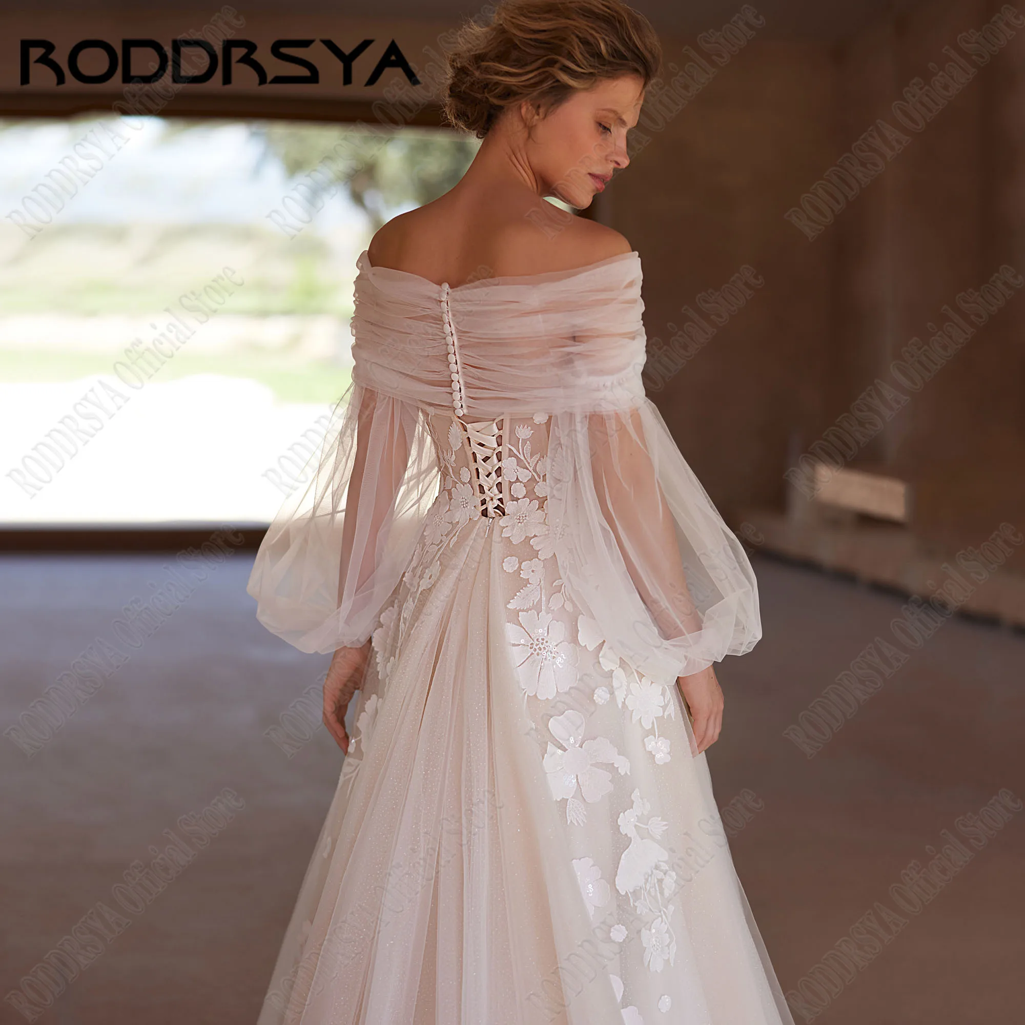 RODDRSYA Sparkling Strapless Wedding Dresses 2024 Bride Puff Sleeves Sequin Beading A-Line Lace Up Robe De Mariée Customized