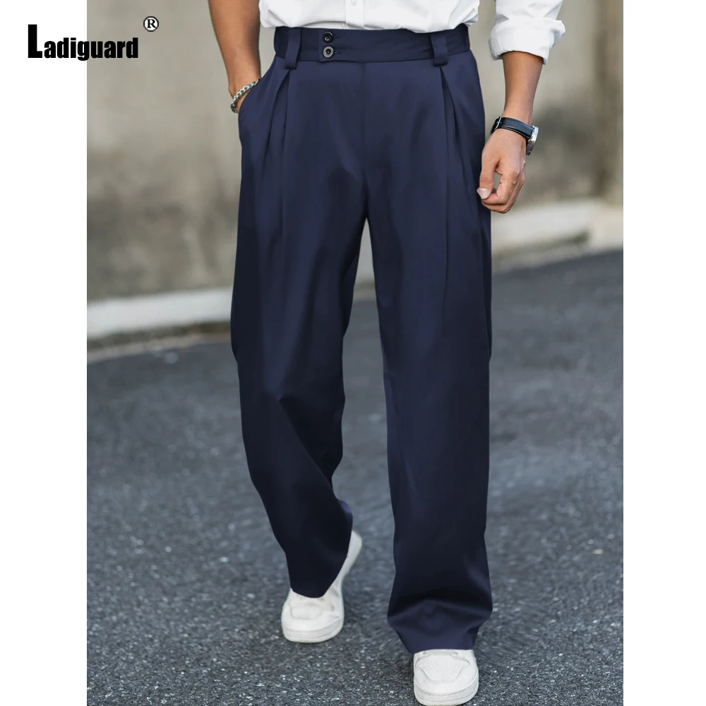 กางเกงขายาวทรงตรงสไตล์วินเทจสำหรับผู้ชายไซส์ใหญ่ Ladiguard สีเทาอ่อน ความยาวระดับข้อเท้า แฟชั่นคลาสสิก สไตล์เนเปิล กางเกงสูทพื้นฐาน รุ่นใหม่