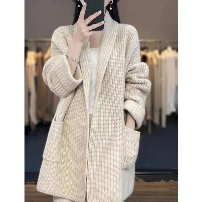 Moda autunno/inverno cardigan lavorato a maglia maglione da donna 2025 tasche giacca a maniche lunghe stile coreano elegante maglieria allentata casual