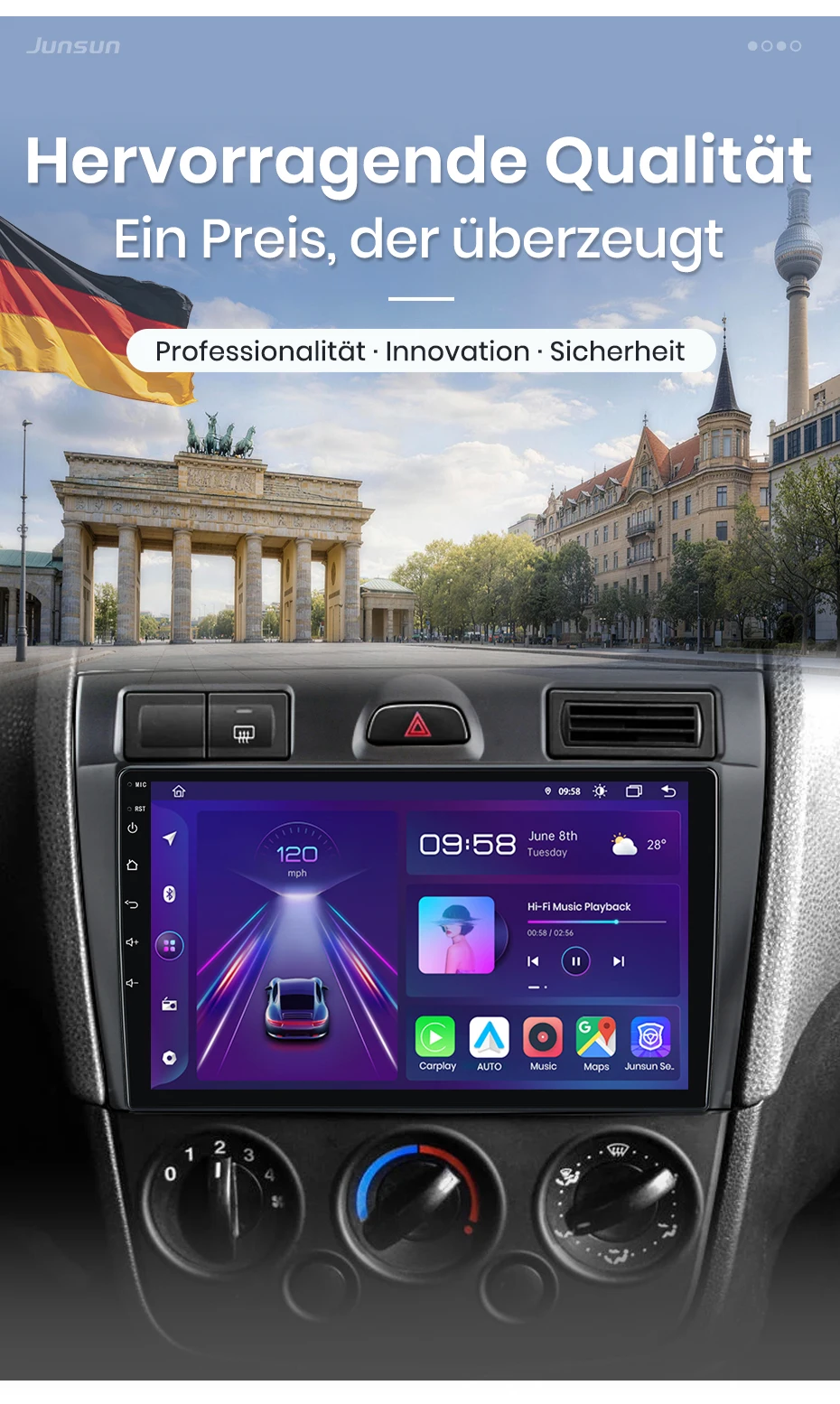 Junsun 9-Zoll Android 15 Autoradio für Ford Fiesta 2002-2008, kabelloses Apple CarPlay, Auto-IPS-Touchscreen, Stereo-Multimedia-Videoplayer, intelligente Fahrzeugsysteme, 2-DIN-Autoradio-Haupteinheit, GPS-Navigation, BT 4G WIFI, 8-Kern, FM AM DSP RDS SWC DAB+ – Detail 5