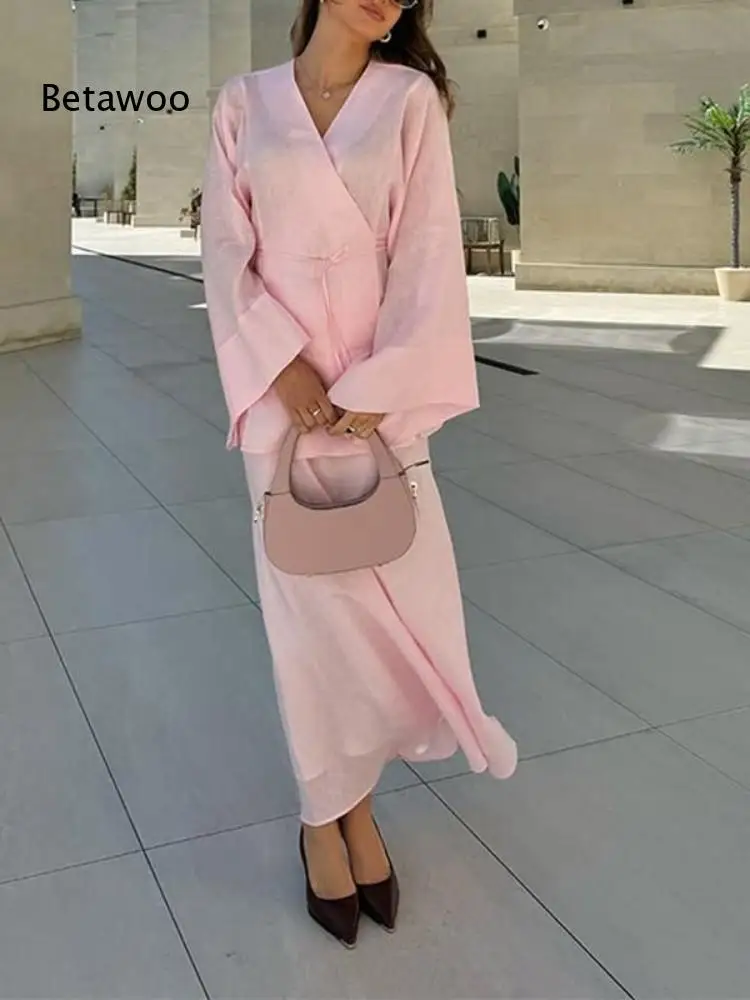 Women Multi Color Satin Wrap Two Piece Set Long Sleeve V Neck Tie Waist Top Mermaid Maxi Skirt Elegant Outfit view 6