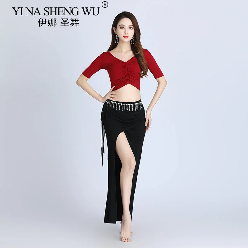 

Женский костюм для танца живота для женщин, однотонный модальный топ + длинная юбка, комплект из 2 предметов для танца живота, танцевальная одежда для выступлений на сцене