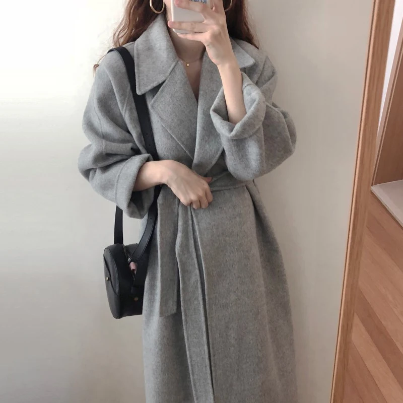 Wholesale 2021 Autumn and Winter New Style Elegant Lapel Loose Tie Waist Cardigan Long Cashmere Fashion Woolen Coat