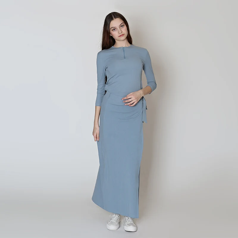 XS-XXXL Women Dress Set Half Zip Top Spring Summer Cotton Rib T-Shirt Maxi Dress Muslin Strap Bodycon Midi Skirt 2 Piece Outfit