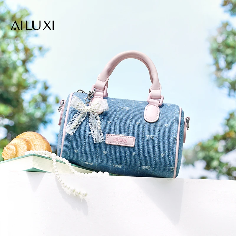 

AILUXI Women Bowling Bag Original Designer Brand PU Leather Handbag with Bow Pendant for Commuting Travel Boston Shoulder Bag