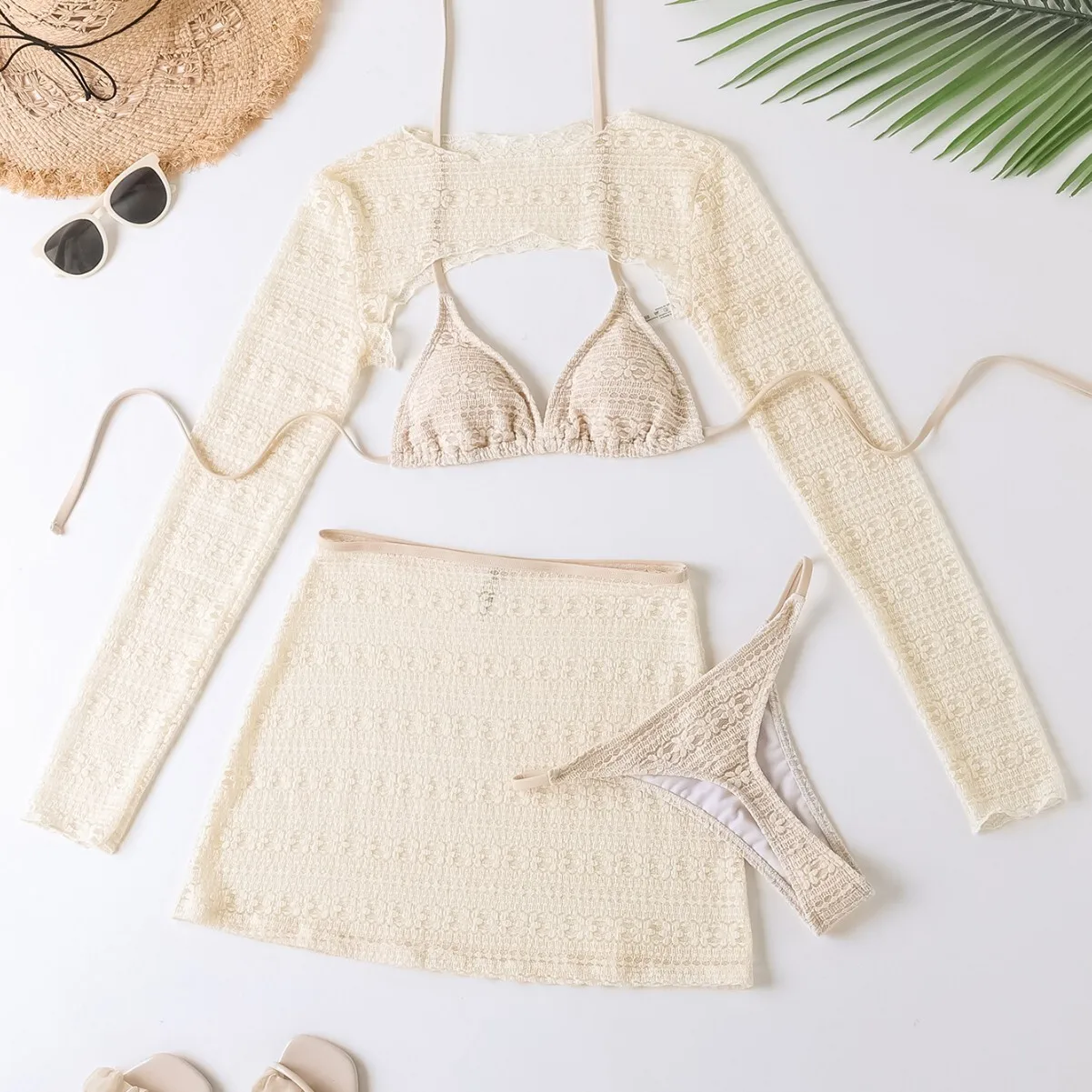 2025 ソリッドカラーの新しい首吊りセクシーな水着ハーフスカートとパーカー 4 点セット分割水泳