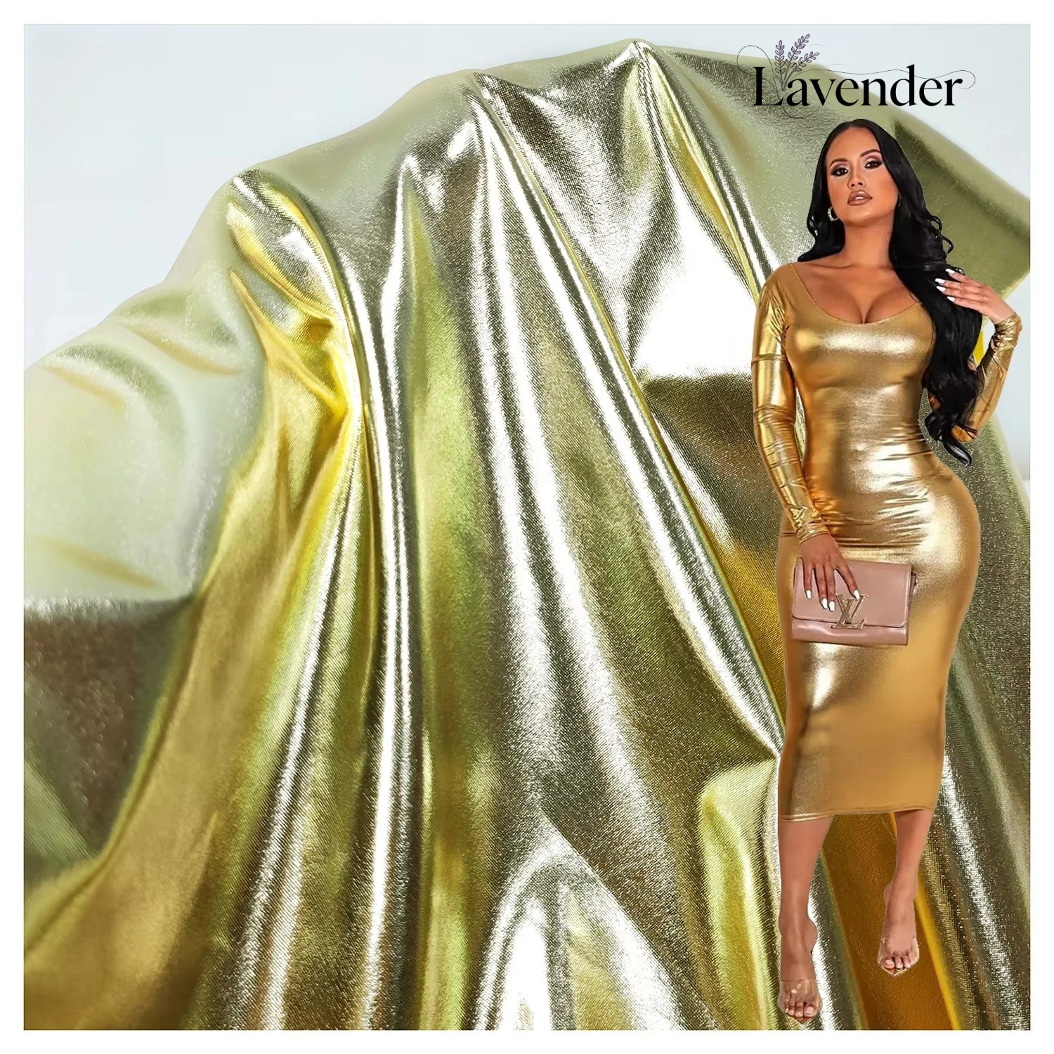 

95 Polyester 5 Spandex Shiny Stretch Knit Fabric Single-sided Polyester Golden Shiny Fabric for Prom Dress