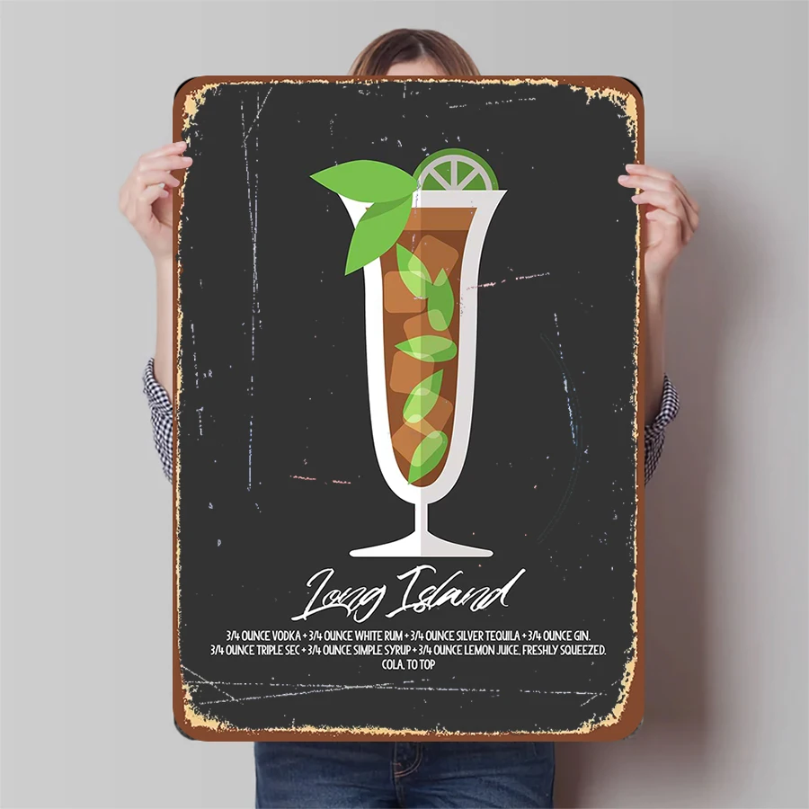 Letrero de Metal de té helado de Long Island, receta de cóctel clásica, arte, Bar, Pub, decoración del hogar, placa de pared de estilo Vintage