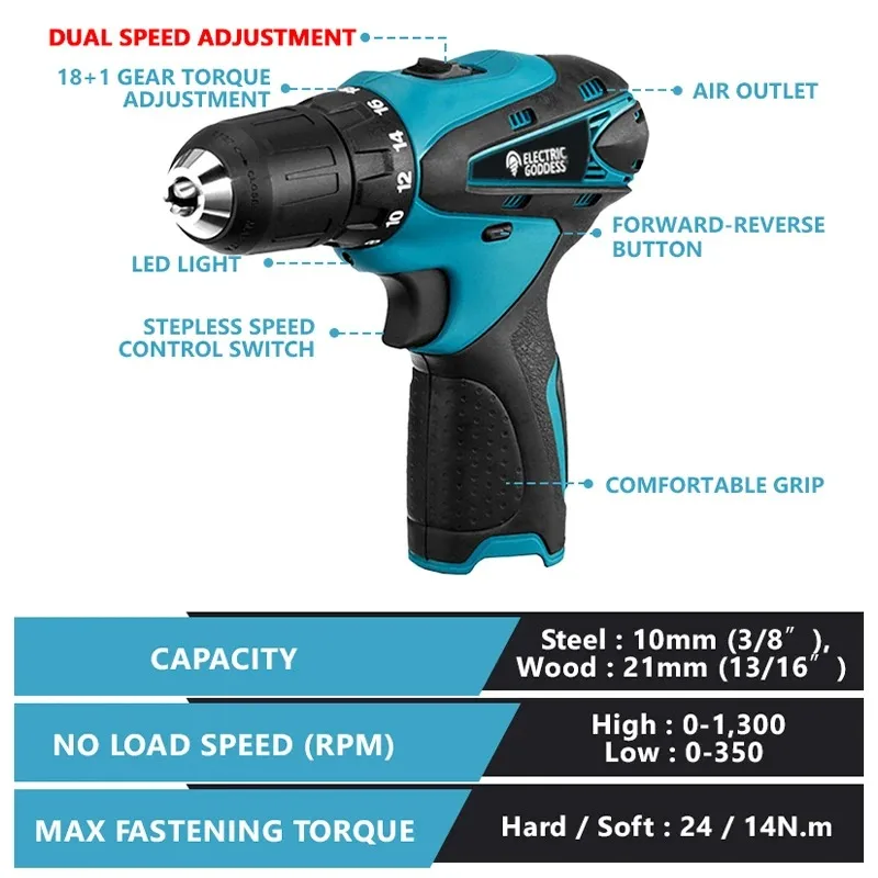 Electric Goddess DF330DZ Cordless Impact Drill Screwdriver 18+1 Torque Dual Speed DIY Electric Tool For 12V Lithium Battery