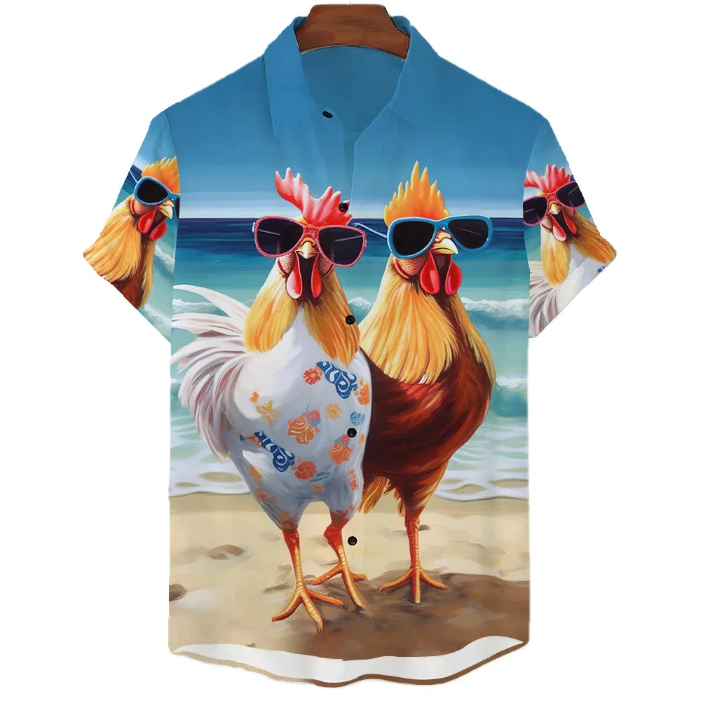 Hawaiian Beach Vacation Men\'s Shirt Funny Vacation Chicken Men\'s Short Sleeve Casual Shirt Beach Wear Tops Oversized T-shirt