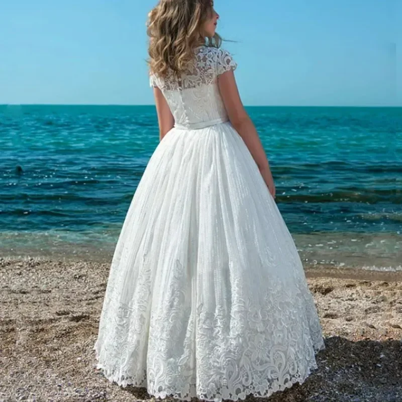 Vestido de encaje blanco para niña de flores, calcomanía con lazo, manga corta, Princesa, vestido de graduación para boda, fiesta de cumpleaños, vestido de noche