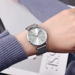 Reloj de pulsera de malla de acero inoxidable HM para mujer, movimiento de cuarzo japonés, reloj de estilo elegante de diseñador de oro rosa Sk, marca superior de lujo