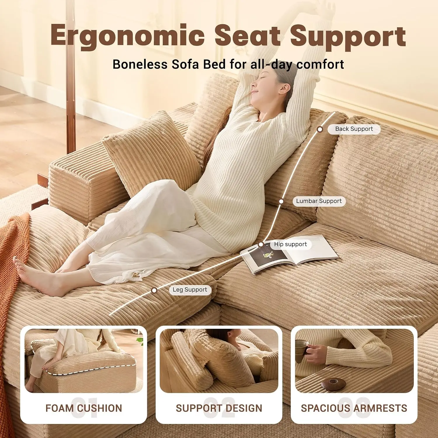 Cloud Sectional Sofa, Modular L Shaped Convertible Bed, Deep Seat Corduroy Living Room Furniture, 106.3