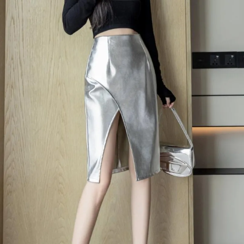 

Metallic Silver Leather Sexy Front Slit Midi Pencil Skirt Slim Hip Irregular Black PU Knee Skirts