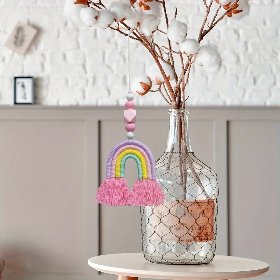 

Pink Rainbow Wind Chimes Weaving Miniature Hanging Decorations Home Art Decor Hanging Crafts Nursery Living Room Bedroom
