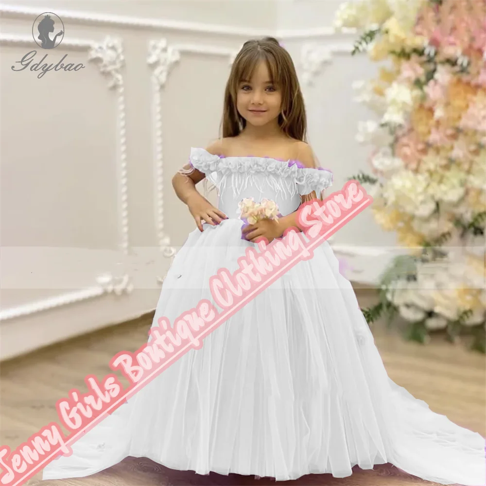 Coral Pink Beautiful Flower Girl Dress With Transparent Collar Feathers For First Communion Birthday Wedding Formal Event