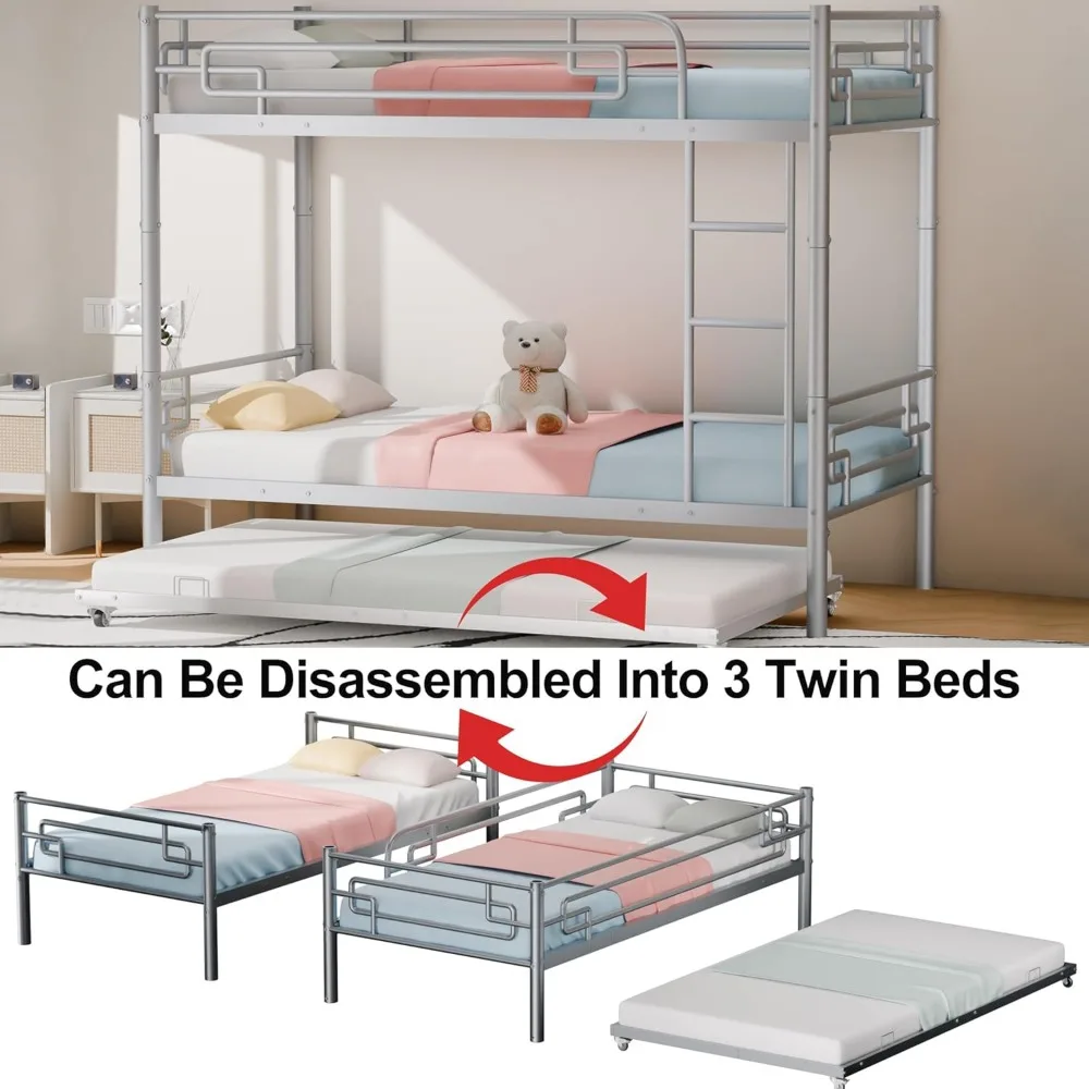 Twin Over Twin Bunk Bed with Trundle, Metal Bunk Beds with Ladders & Full-Length Guardrail, Can be Converted to 2 Beds