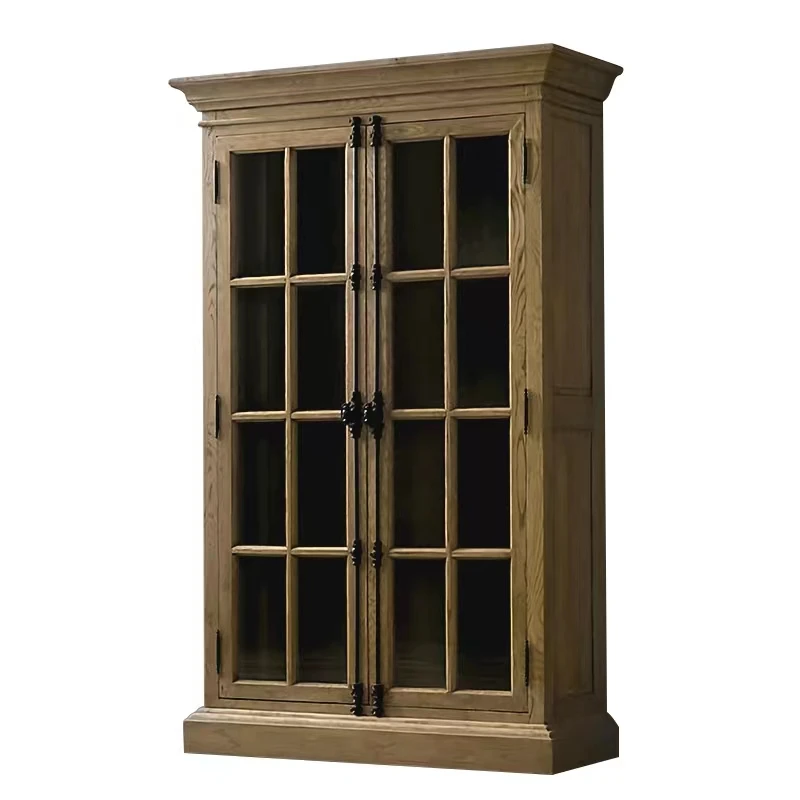 French Solid Wood Old World Lock Red Oak Display Cabinet Glass Door Vintage Bookcase