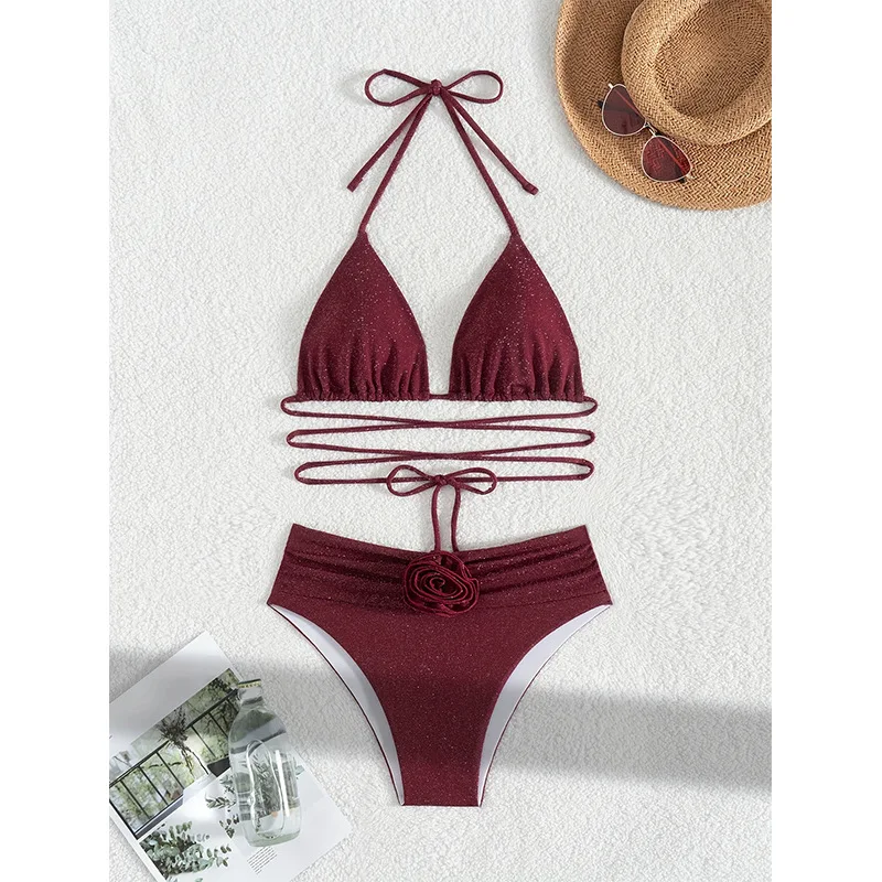

Сексуальные бикини с высокой талией, сексуальные женские купальники, женские купальники, треугольный комплект бикини 2025, купальный костюм, бикини, винно-красная пляжная одежда