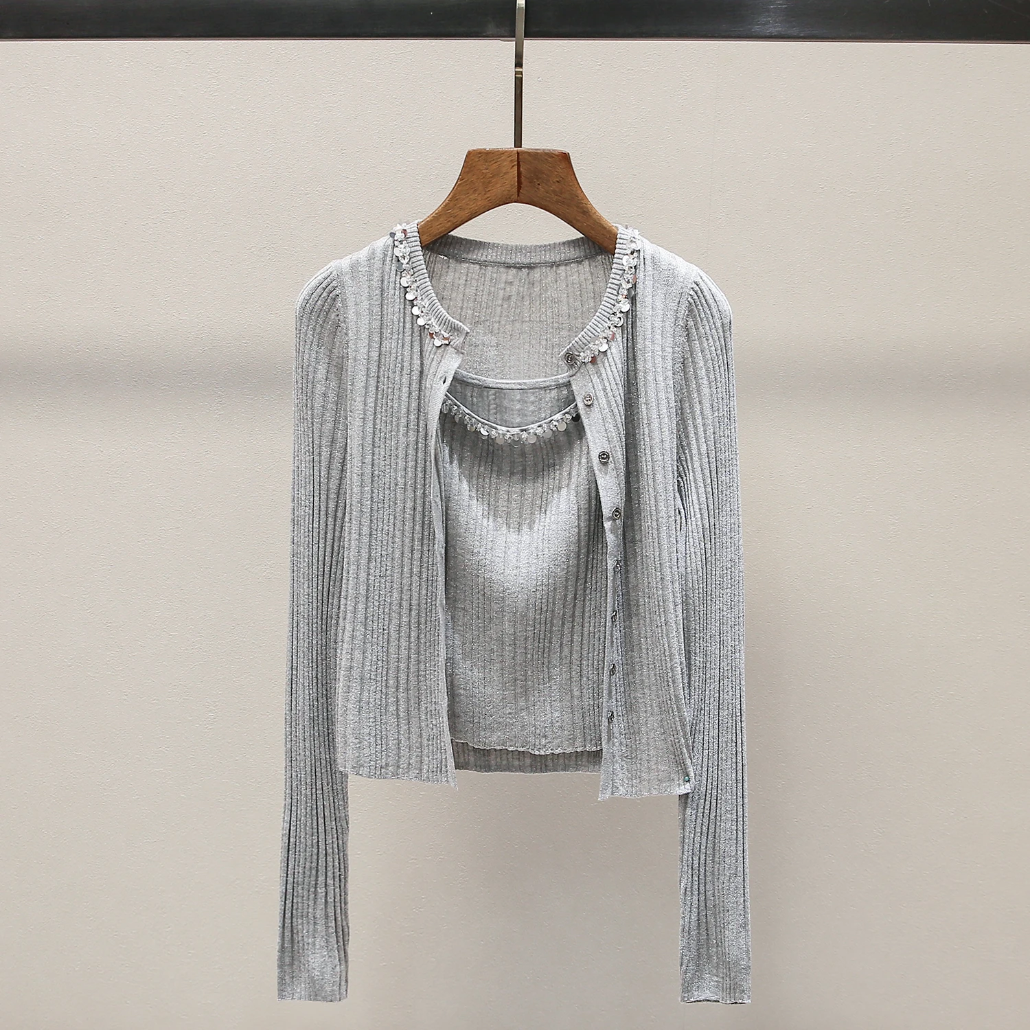 

Милый вязаный комплект South Oil ey Heavy Work с воротником из бисера, открытый кардиган, верхний ремень, весна 2025, женский модный облегающий длинный свеч