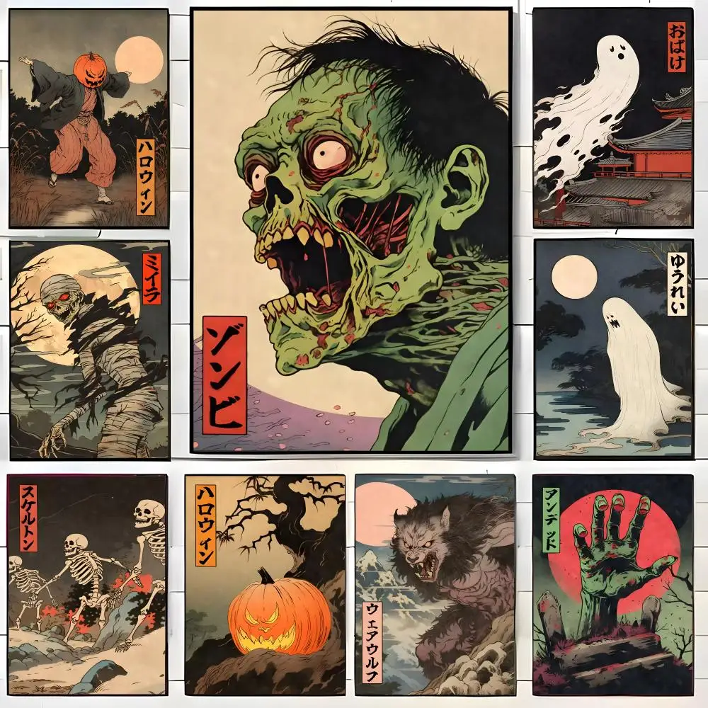 Ukiyo-e Horror Ghost Zombie Mummy Halloween Poster  Self-adhesive Art Waterproof Paper Sticker Coffee House Bar Room Wall Decor