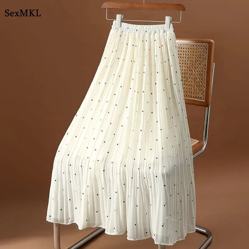 Women Chiffon Pleated Skirts Women 2026 Korean Fashion Y2k Clothes Polka Dot Faldas Largas Casual A Line Long Skirt Vintage