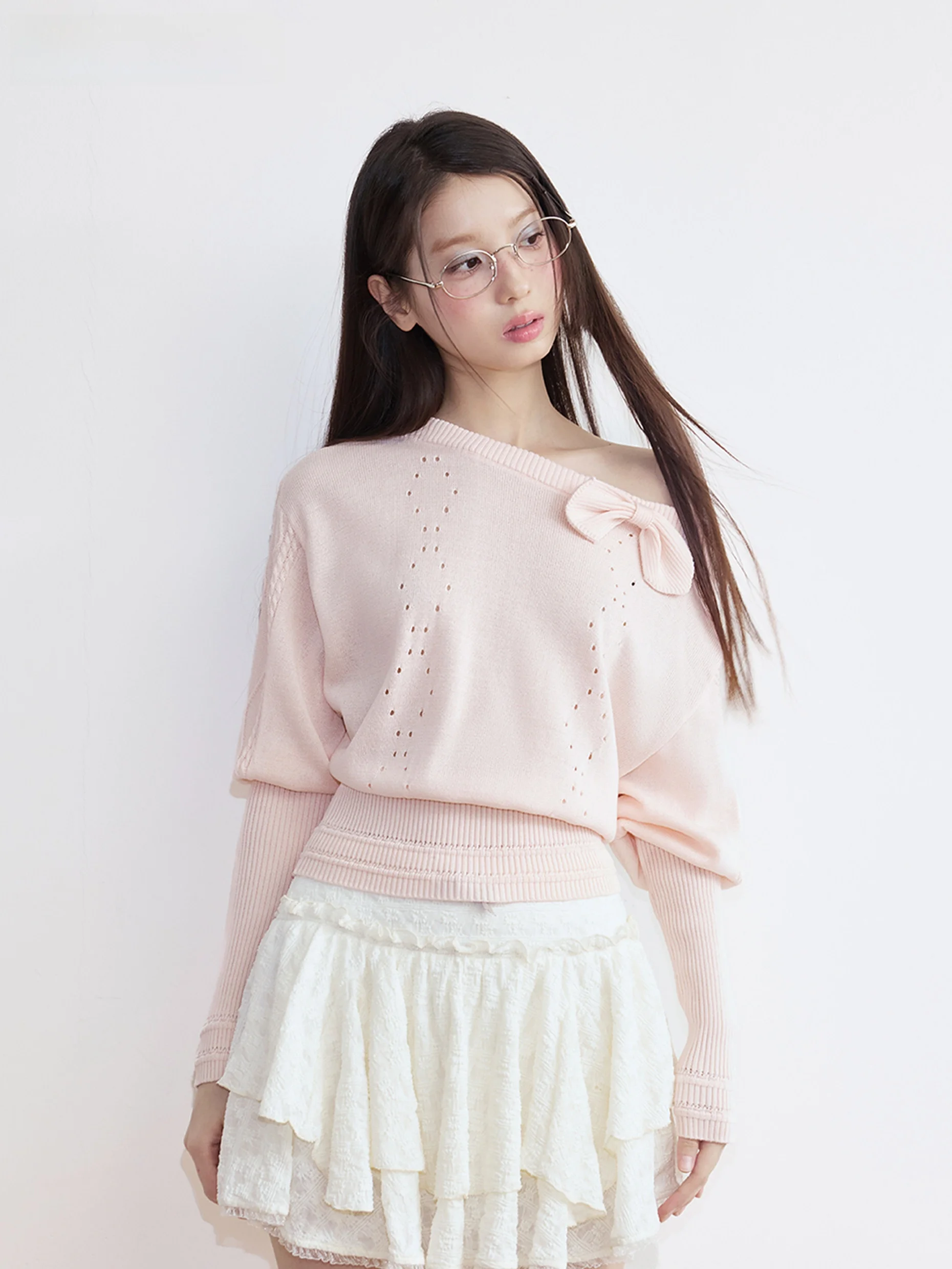 

Вязаный свитер Umoumo Sweet Style с ажурным дизайном, бантиками на плечах, утягивающим поясом, длинными рукавами, укороченный, для повседневной носки