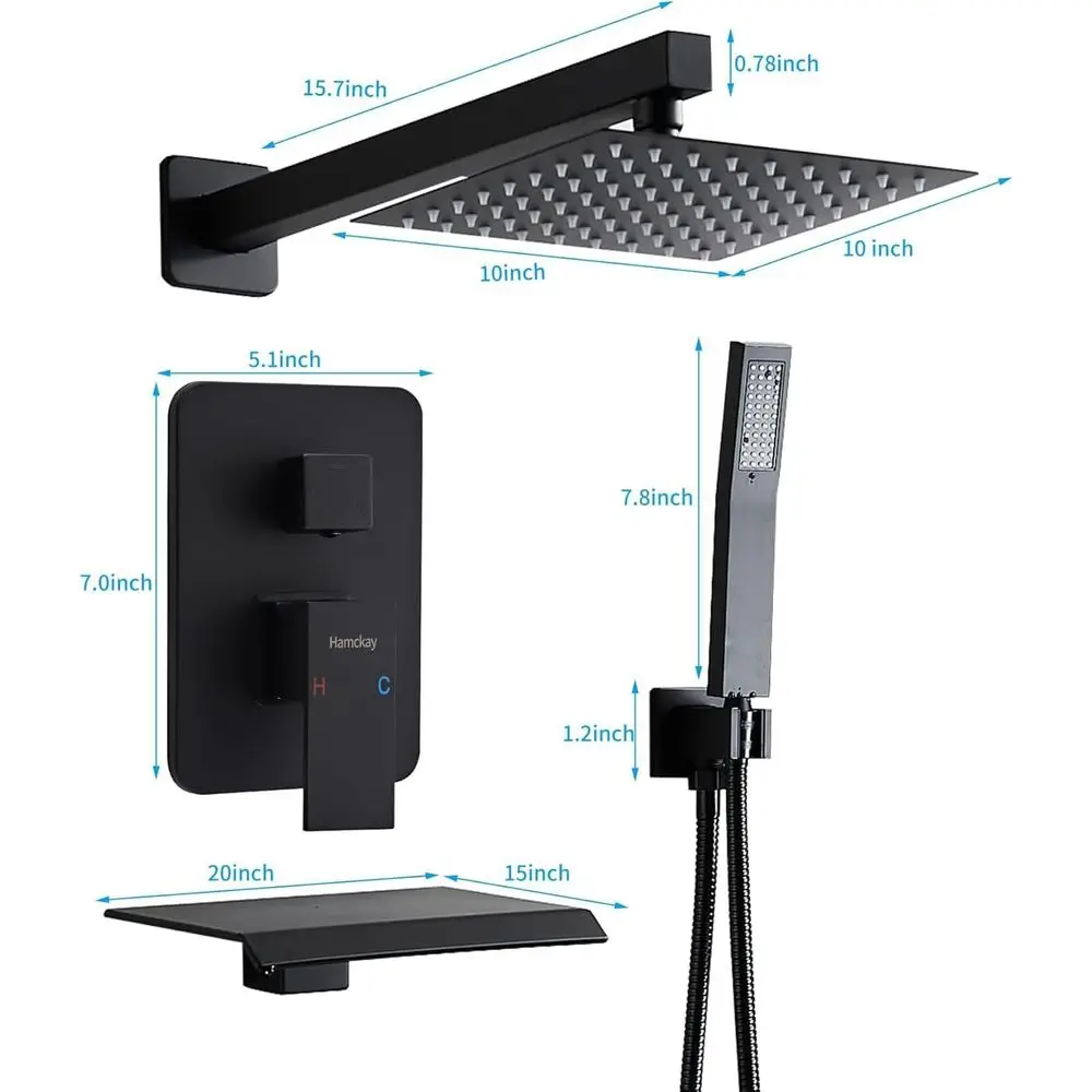 نظام دش أسود غير لامع مثبت على الحائط مقاس 10 بوصات مع صنبور حوض استحمام ورأس دش مطري ومجموعة محمولة بثلاثة إعدادات #6