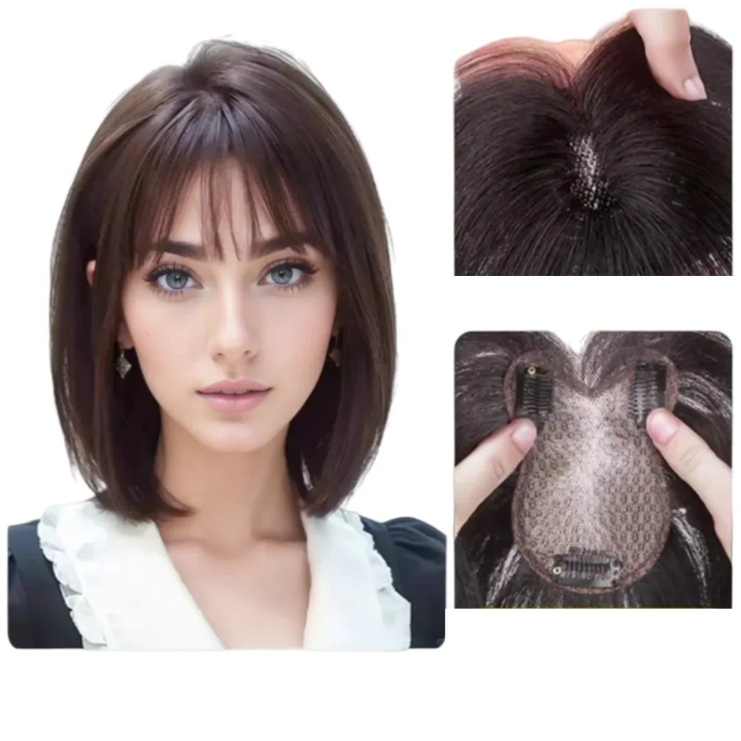 Fluffy Real Human Hair Topper 8x11cm Ultra-Thin Mesh Clip-In Fringe Bangs Instantly Boost Volume & Cover White Hair for Women