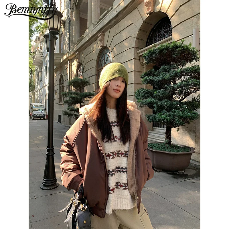 

Benuynffy American style Reversible Fleece Jacket for Women 2025 Autumn Winter New Hooded Zipper Thicken Warm Outwears Female
