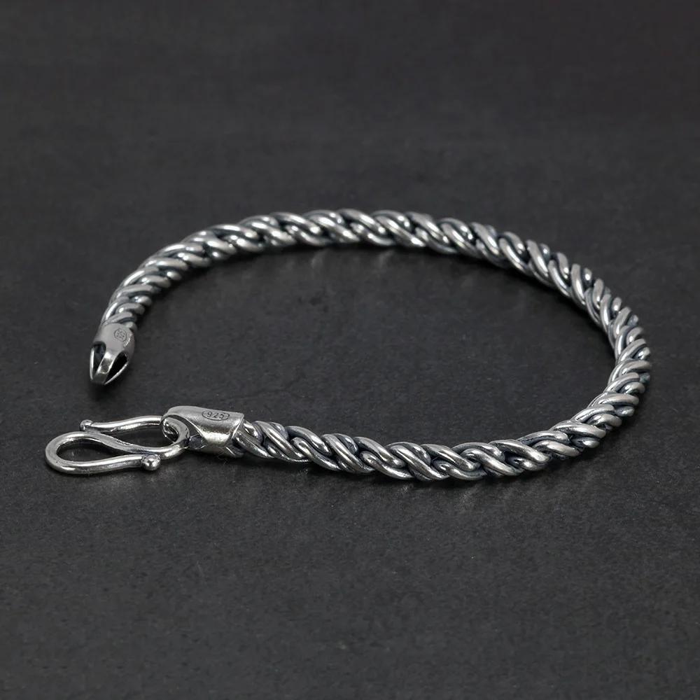 4mm Real Viking 925 Sterling Silver Handmade Braided Chain Bracelets for Men and Women Retro Punk Style