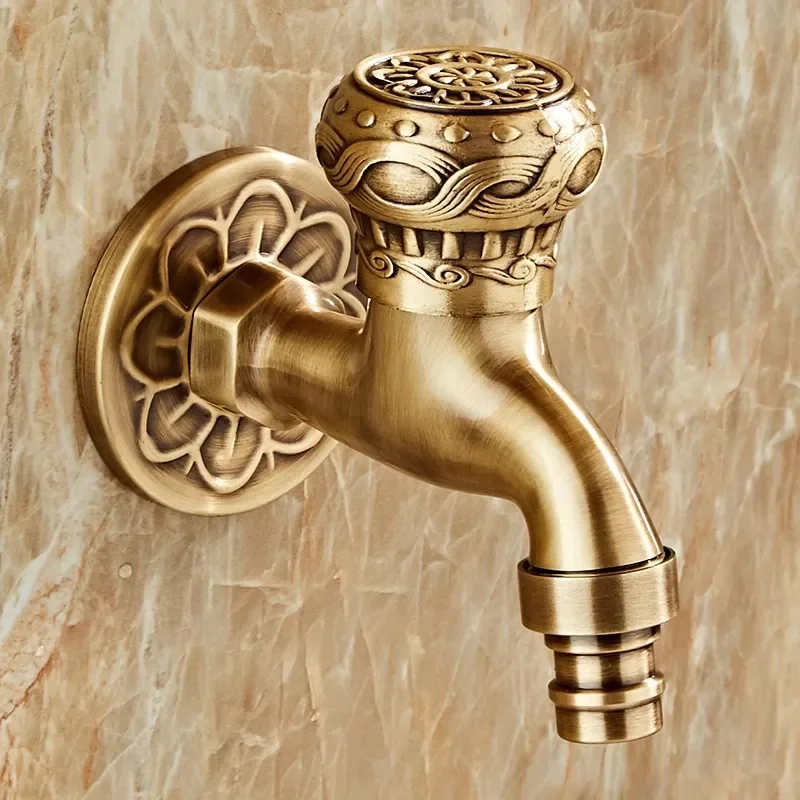 Carved Washing Machince Faucet Garden Bibcocks Tap Antique Brass Dragon Carved Washing Machine Faucet Outdoor Faucet Cold Tap