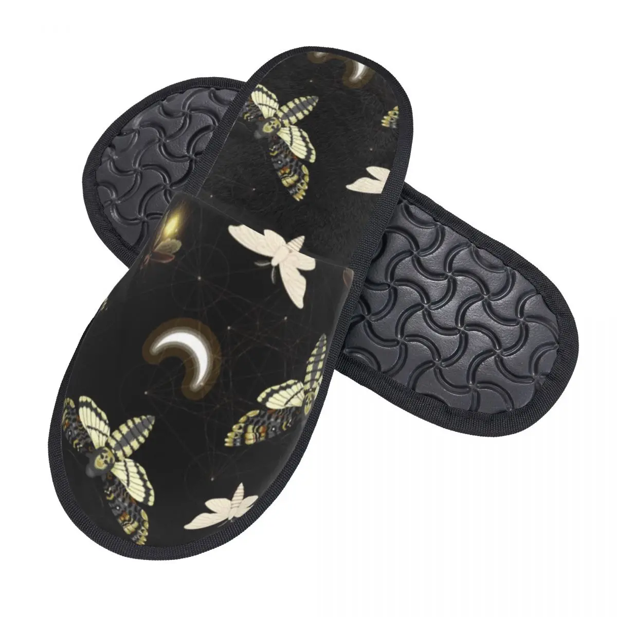 Winter Women Men Non-Slip Flat Slippers Death Head Moth Indoor Fur Soft Warm Shoes