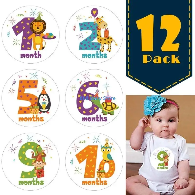 

29EE 12 Pcs/Set Cartoon Animal Baby Monthly Stickers Photography Commemorative Card