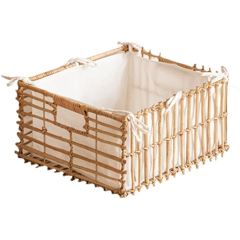 Natural Rattan Weaving Storage Basket Desktop Clutter Storage Boxes Disassembly Lining Makeup Organizer, Snack Toy Wicker Basket