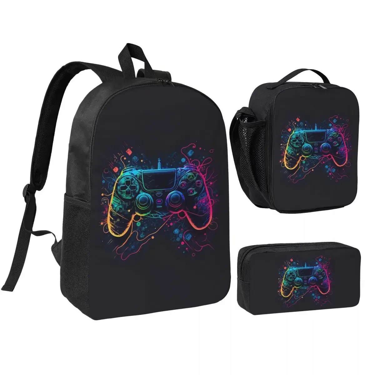 Neon Light Game Controller Gamepad Backpack BookBag School Bag Computer Shoulder Bags 3ps Insulated Lunch Bag Pencil Case
