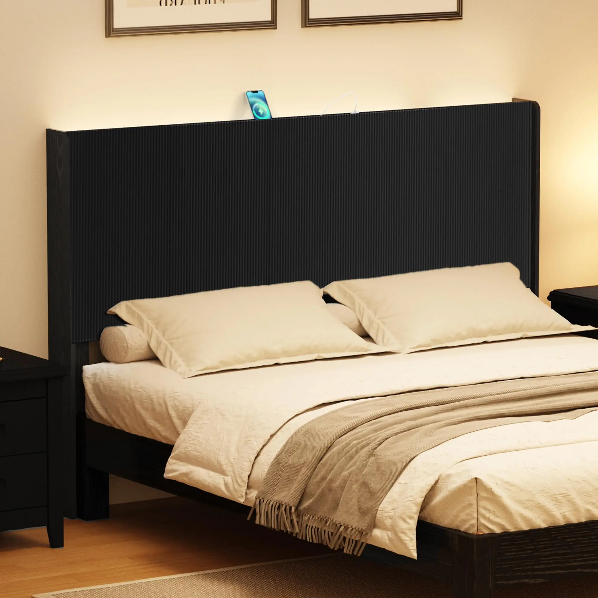 Fluted Headboard Queen Size, Modern Black Headboard with Lighting&Power Outlets, Wall Mounted Headboard Only with