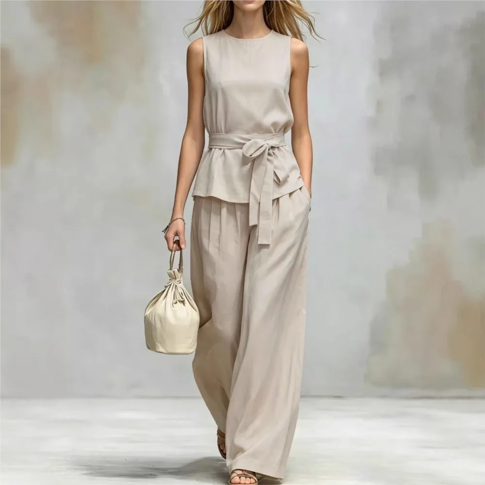 

Sleeveless Top Belted Waist Solid Color Trousers Suit Summer New Women's Casual Belt Loose Trousers Two-piece Set Костюм Женский