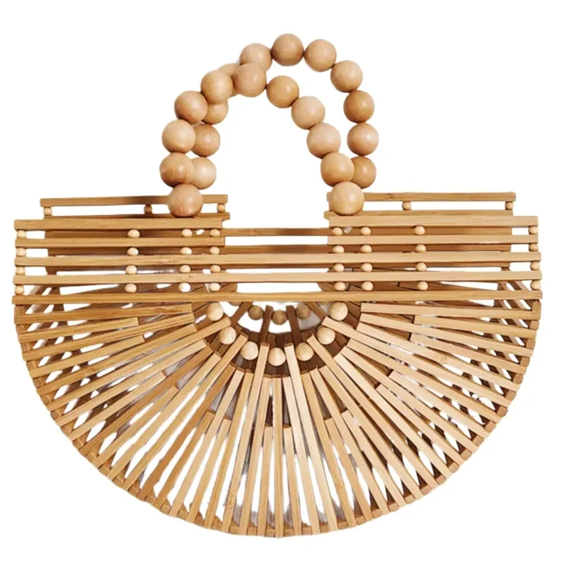 Hollow Bamboo Woven Handbag with Pearl Decor Summer Portable Straw Tote Bag for Women Casual Beach Shopping Basket Purse
