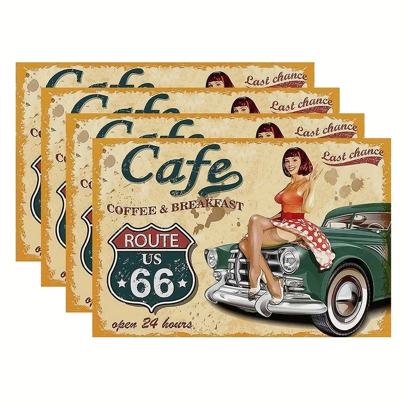 4pcs Vintage Diner Placemats Retro Route 66 Burger & Beer Design with Waitress on Car, Washable Table Mats for Kitchen & Dining